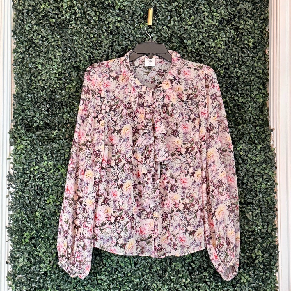 CAbi Pink Floral Ruffle-Front Long Sleeve Blouse